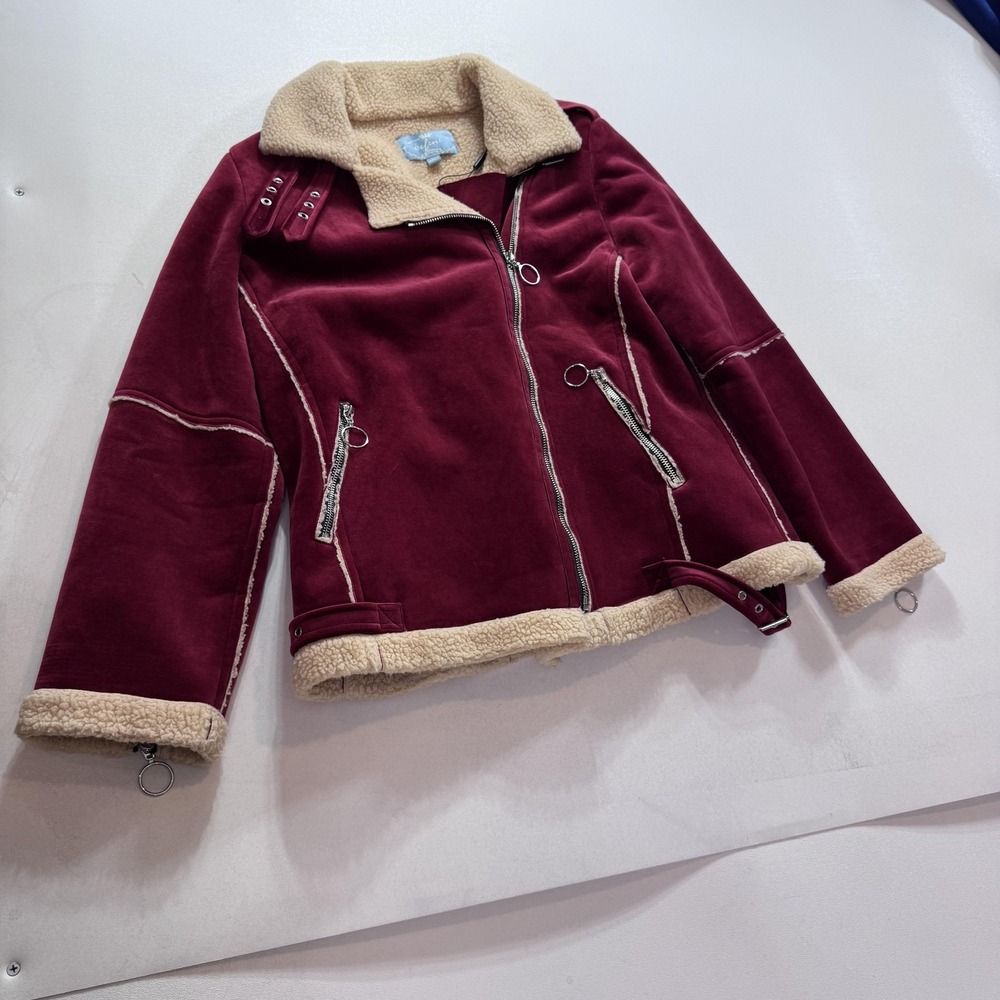 Eifni Jacket Womens Large Red Velour Faux Fur Lined Biker Moto Belted Zip